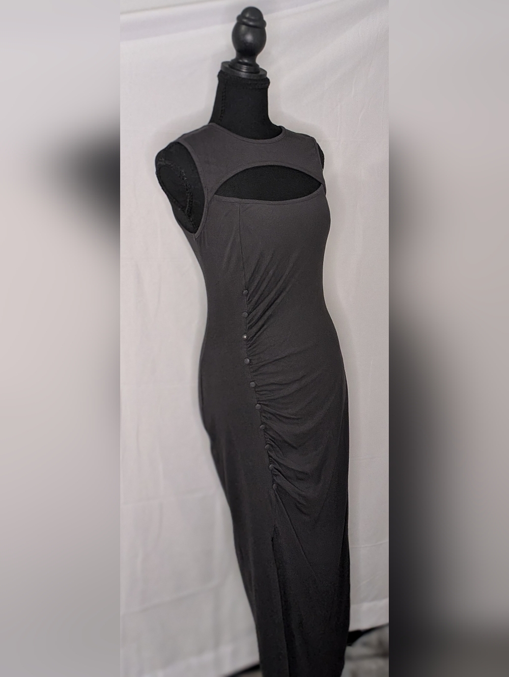 Cider Charcoal Gray Cutout Ruched Maxi Dress Side Slit Bodycon S
